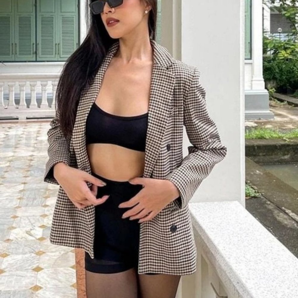 Plaid Print Double Breasted Lapel Collar Blazer work professional Busine… - Picture 10 of 16